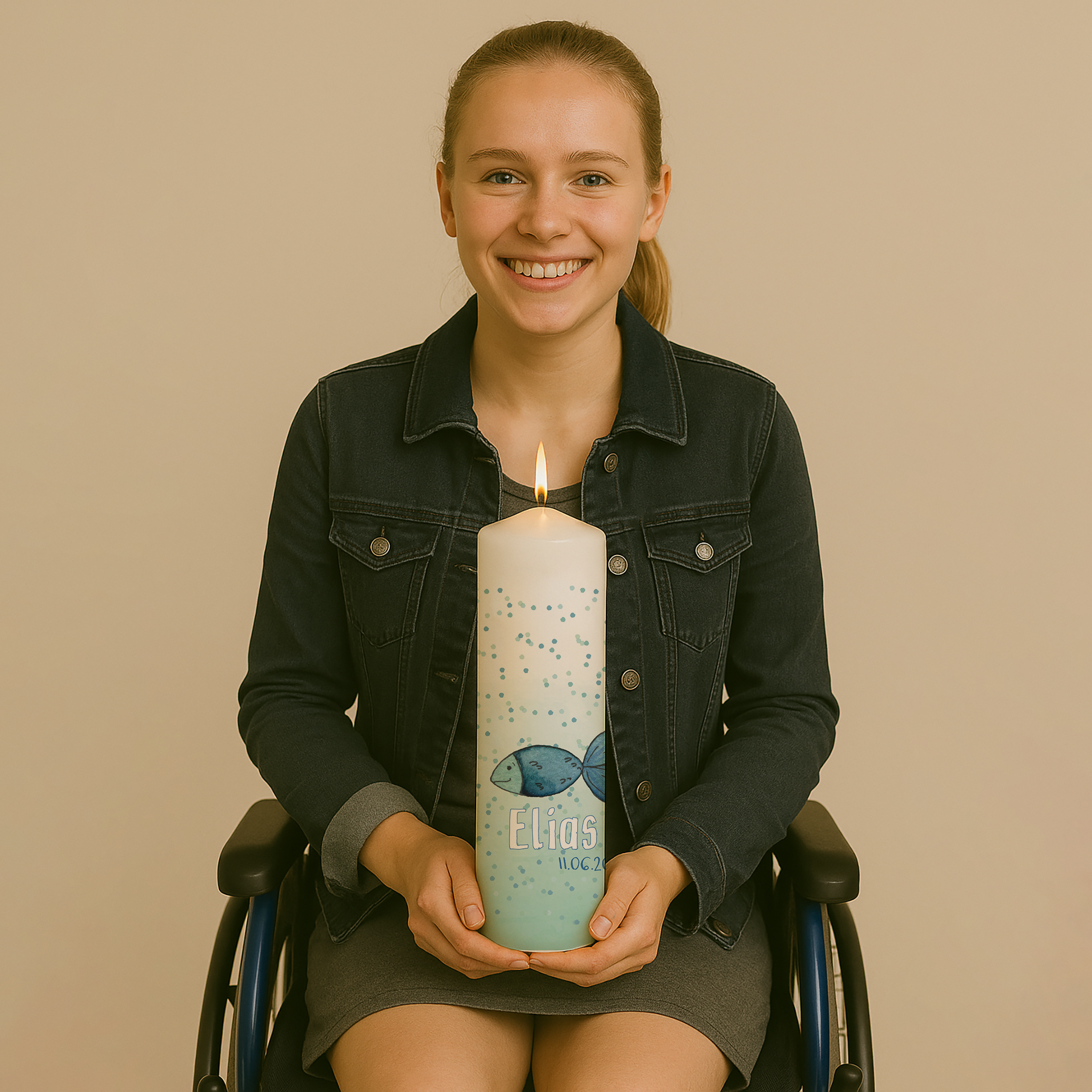 Personalisierte Geburtstagskerze mit Fischmotiv und Konfetti-Design – erhältlich in Blau oder Rosa, fröhlich und liebevoll gestaltet.