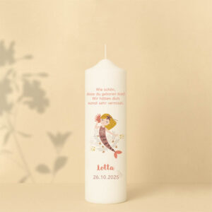 Personalisierte Geburtstagskerze mit Meerjungfrau in Rosa und Goldtönen – liebevolles Motiv mit Spruch zum Geburtstag.