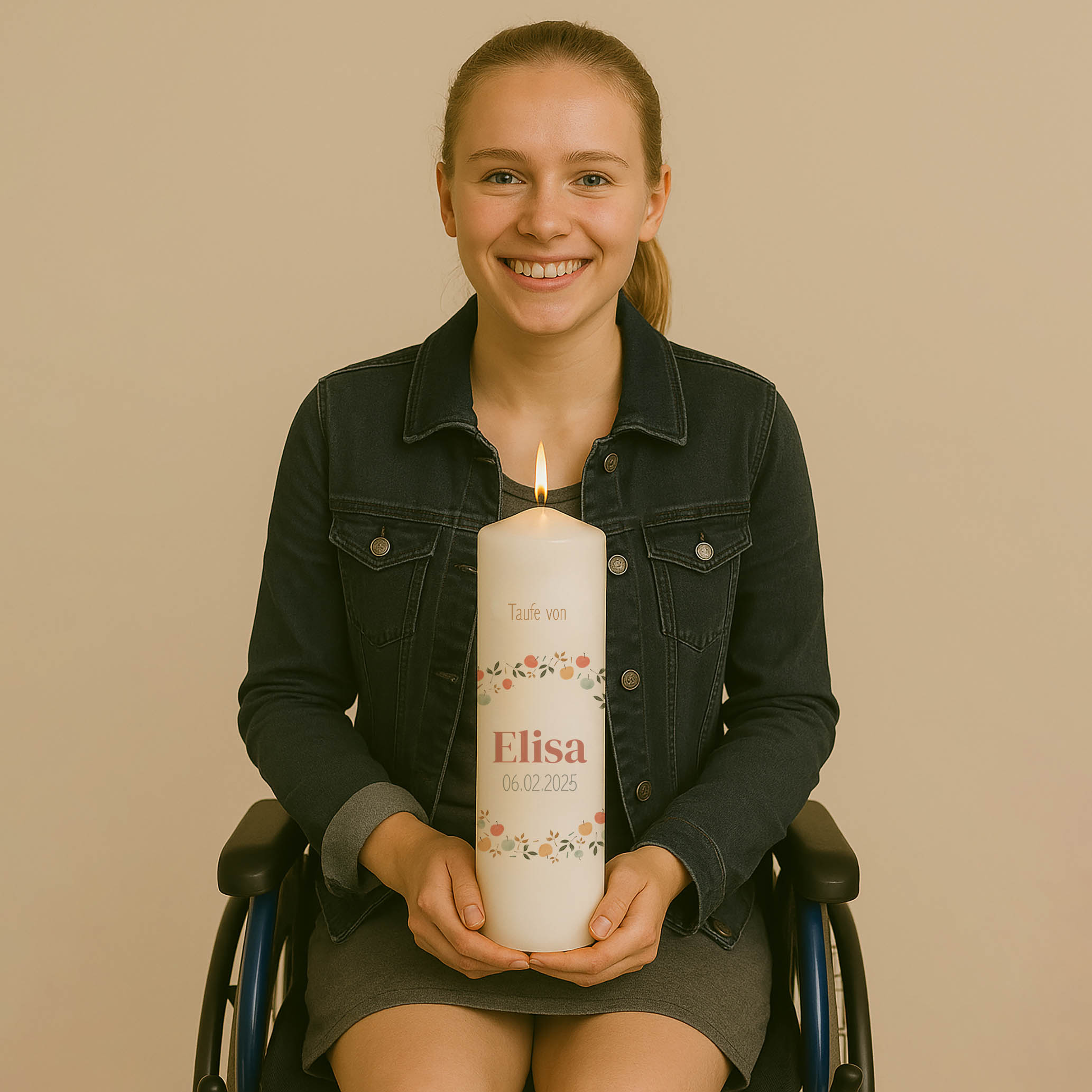 Taufkerze mit buntem Blumenring, Namen, Datum und Text – personalisiert und in zwei Größen erhältlich.