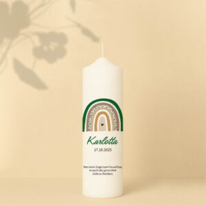 Taufkerze in Grün oder Rosa mit Regenbogen, Herz, Name, Datum und Spruch – personalisiert und in zwei Größen erhältlich.