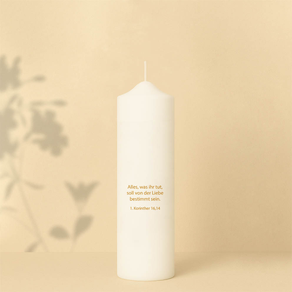 Taufkerze in Grün oder Grau mit Regenbogen, Name, Datum und Bibelzitat – personalisiert und in zwei Größen erhältlich.