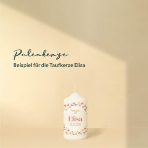 Taufkerze mit buntem Blumenring, Namen, Datum und Text – personalisiert und in zwei Größen erhältlich.