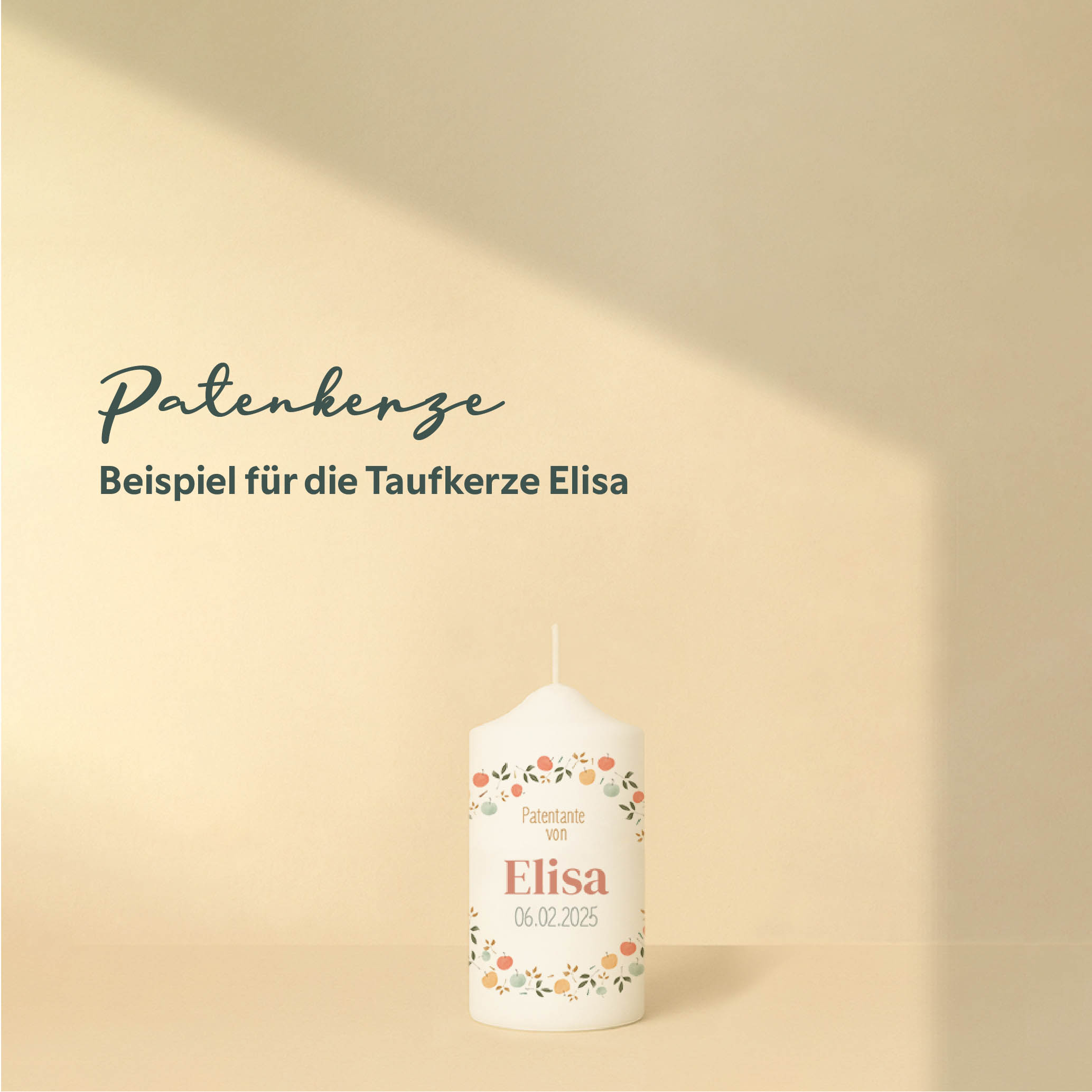 Taufkerze mit buntem Blumenring, Namen, Datum und Text – personalisiert und in zwei Größen erhältlich.