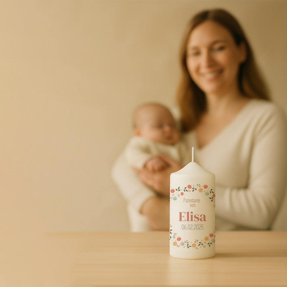 Junge Frau mit einem Baby im Arm stehen hinter einer Kerze.