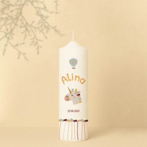 Taufkerze mit Einhorn, Heißluftballon, Streifen Muster, Name und Datum – Personalisiert und in zwei Größen erhältlich.