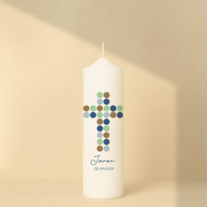 Taufkerze mit Kreuz aus bunten Kreisen, Name, Datum und Spruch – personalisiert und in zwei Größen erhältlich.