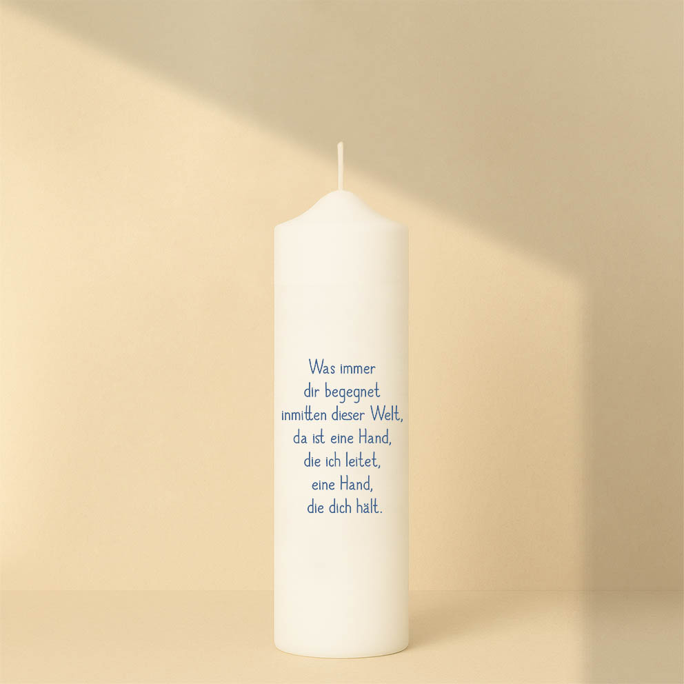 Taufkerze mit Kreuz aus bunten Kreisen, Name, Datum und Spruch – personalisiert und in zwei Größen erhältlich.