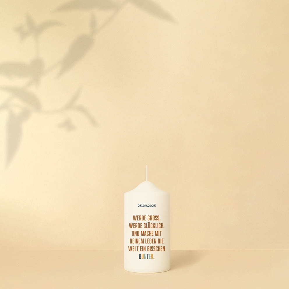 Taufkerze mit Regenbogen, Schiff mit Tiere, Name, Datum und Spruch – Personalisiert und in zwei Größen erhältlich.