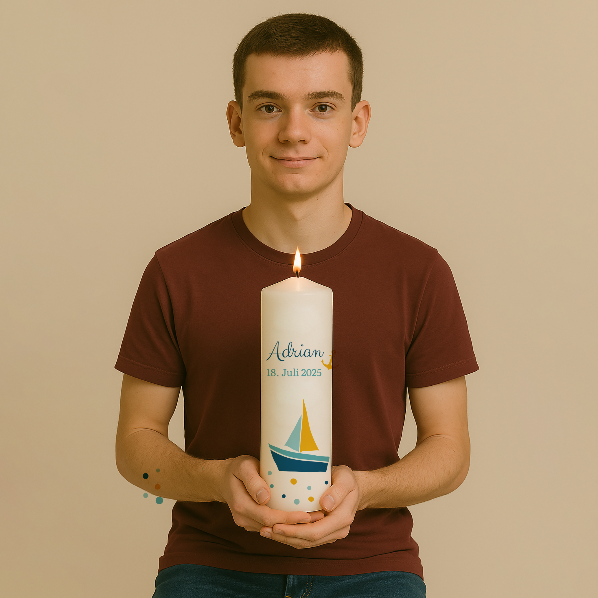 Taufkerze mit buntem Schiff, Flecken, Name und Datum – Personalisiert und in zwei Größen erhältlich.