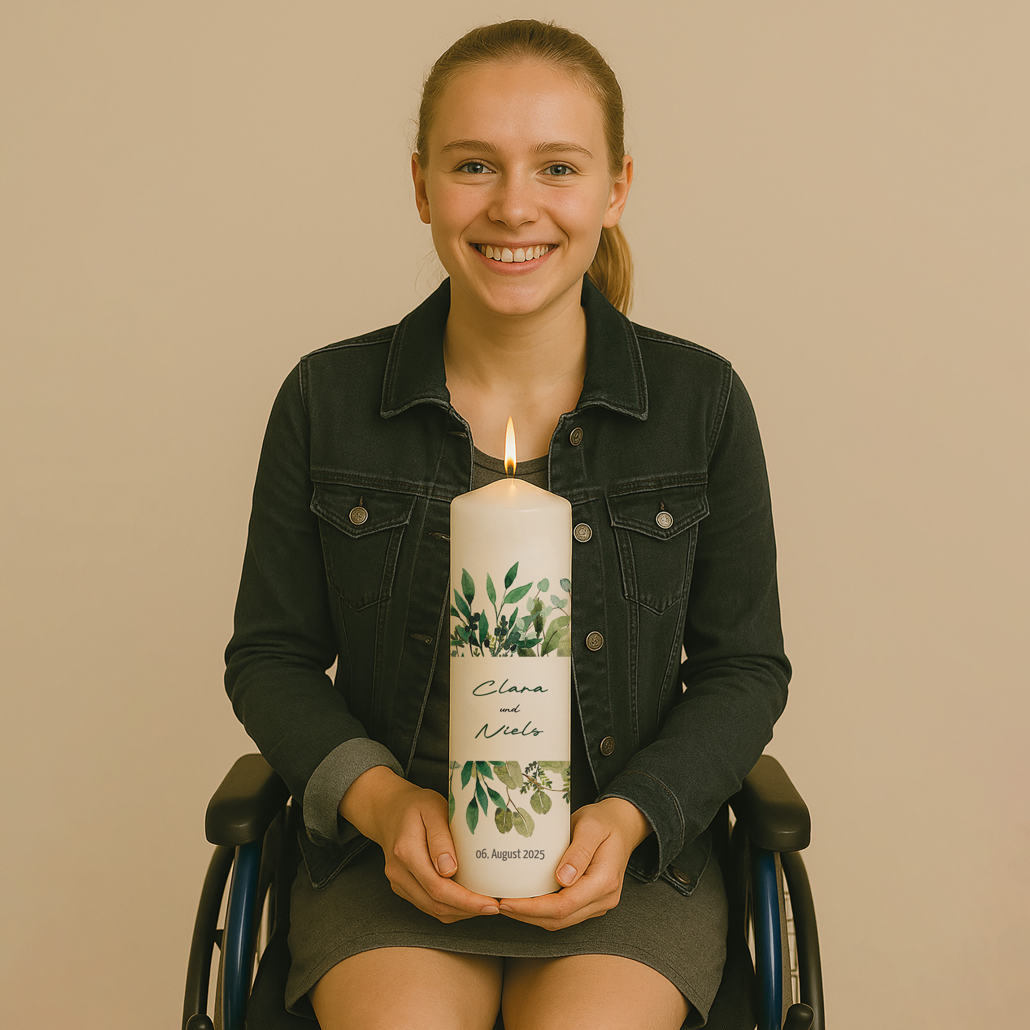 Personalisierte Hochzeitskerze mit satten Grüntönen und modernen Blättermotiven – stilvolles, frisches Design für den großen Tag.