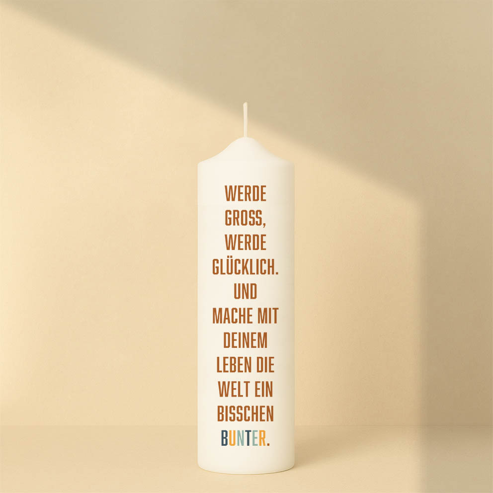 Taufkerze mit Regenbogen, Schiff mit Tiere, Name, Datum und Spruch – Personalisiert und in zwei Größen erhältlich.