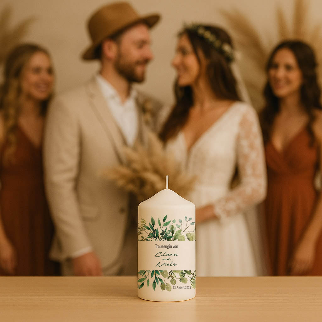 Personalisierte Trauzeugenkerze im Design der Hochzeitskerze – liebevolles, abgestimmtes Motiv als Symbol für Freundschaft und Verbundenheit.