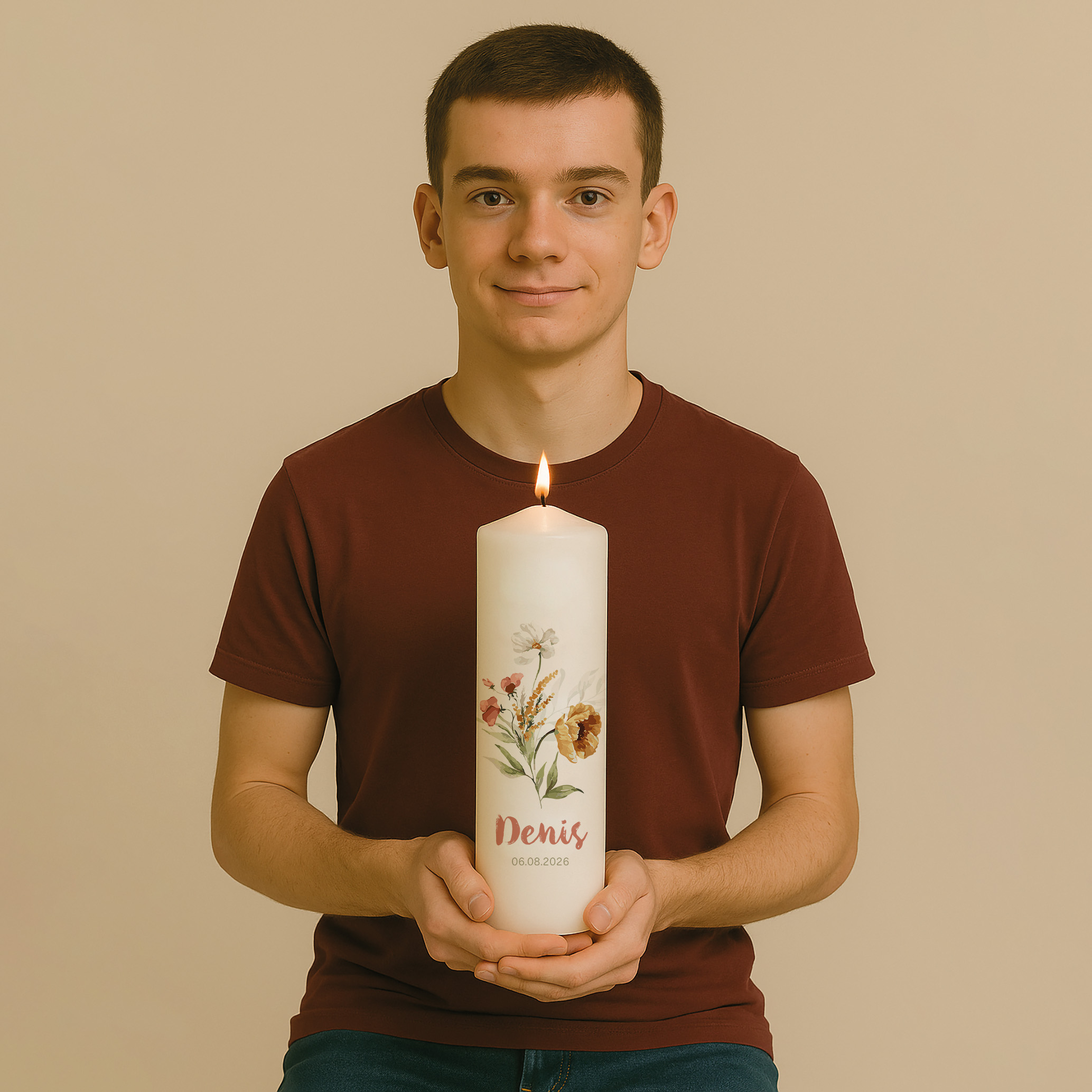 Personalisierte Gedenkkerze mit zarten Blumen in Naturfarben – ein stilvolles, warmes Design zum liebevollen Gedenken.
