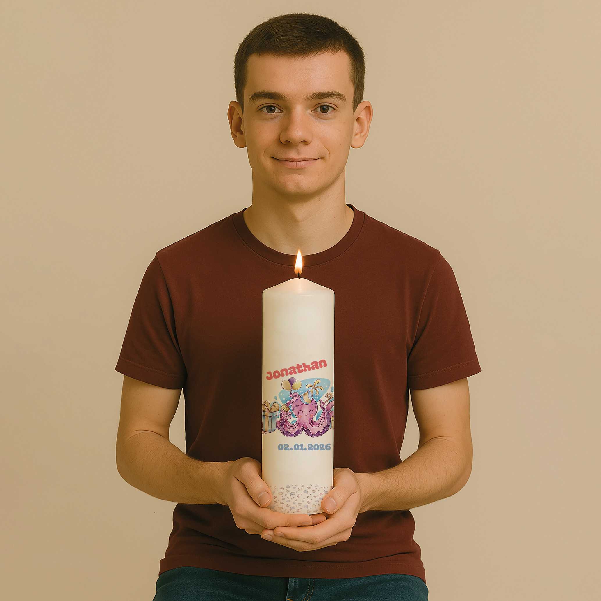 Personalisierte Geburtstagskerze mit Oktopus, Luftballons und Geschenken – fröhliches, buntes Motiv für kleine Entdecker.