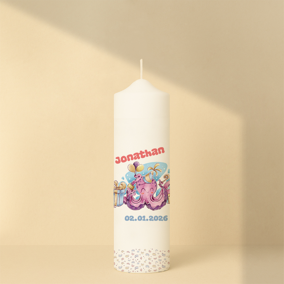 Personalisierte Geburtstagskerze mit Oktopus, Luftballons und Geschenken – fröhliches, buntes Motiv für kleine Entdecker.