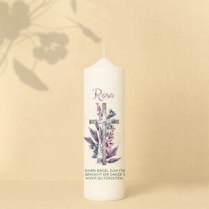Taufkerze mit Blumen, Kreuz, Name und Spruch – Personalisiert und in zwei Größen erhältlich.