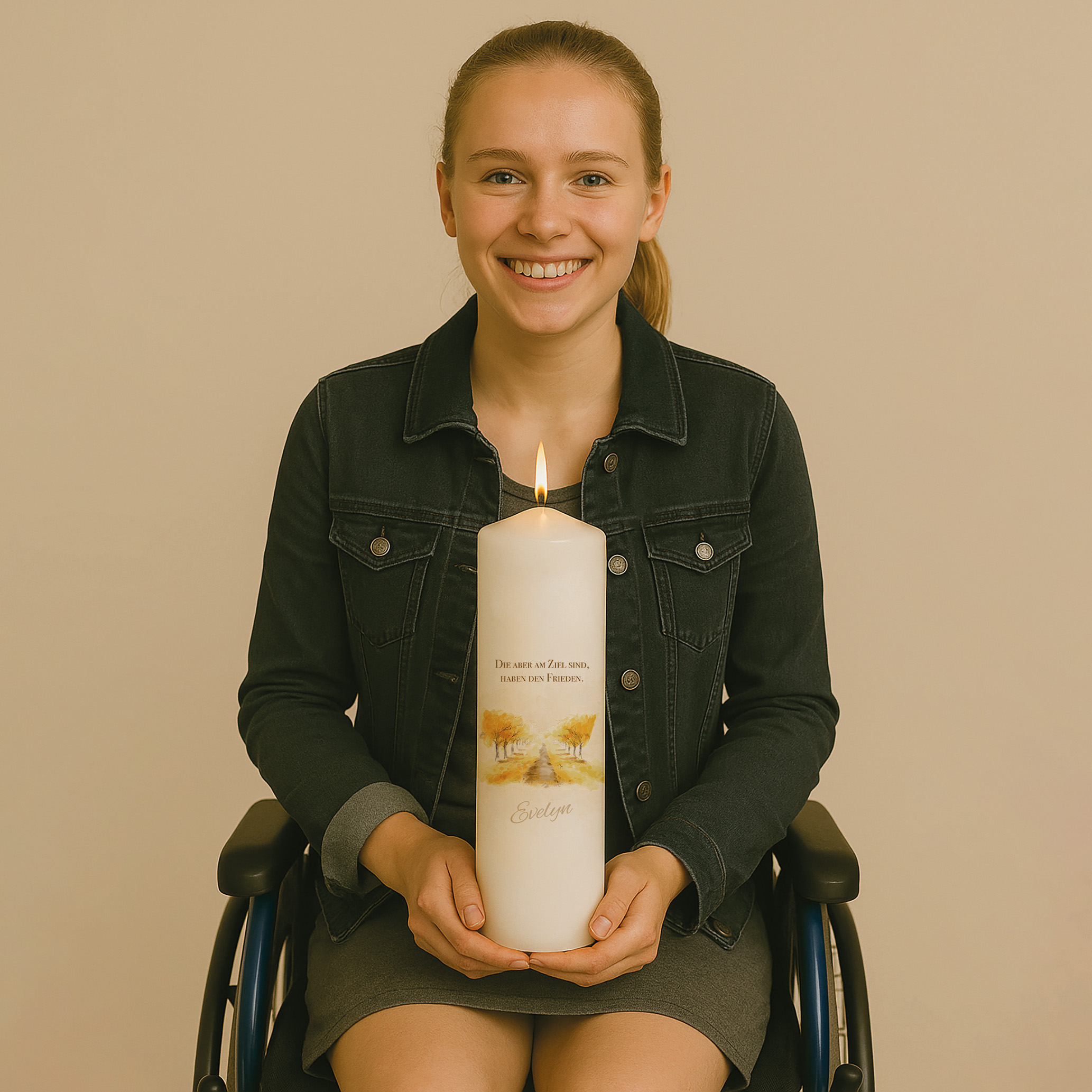 Personalisierte Gedenkkerze mit goldenem Weg und Bäumen – zartes, hoffnungsvolles Design mit dem Spruch „Die am Ziel sind, haben den Frieden“.