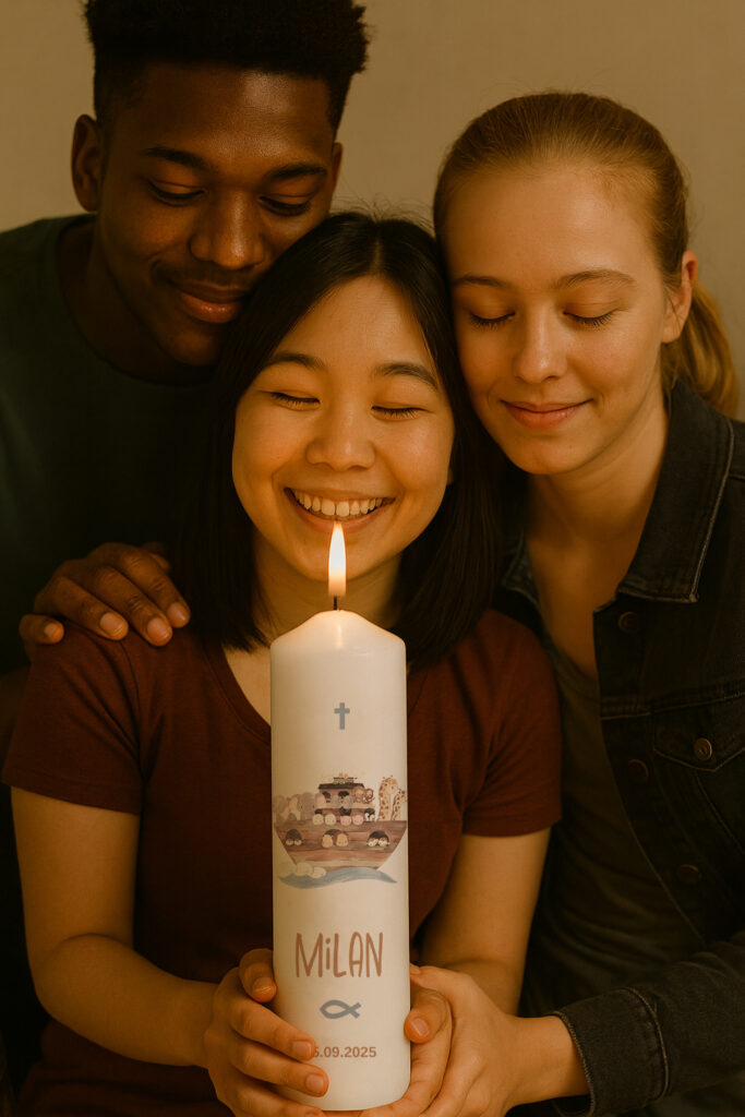 Drei junge Menschen stehen beieinander. Die junge Frau in der Mitte hält eine brennende Kerze in der Hand.