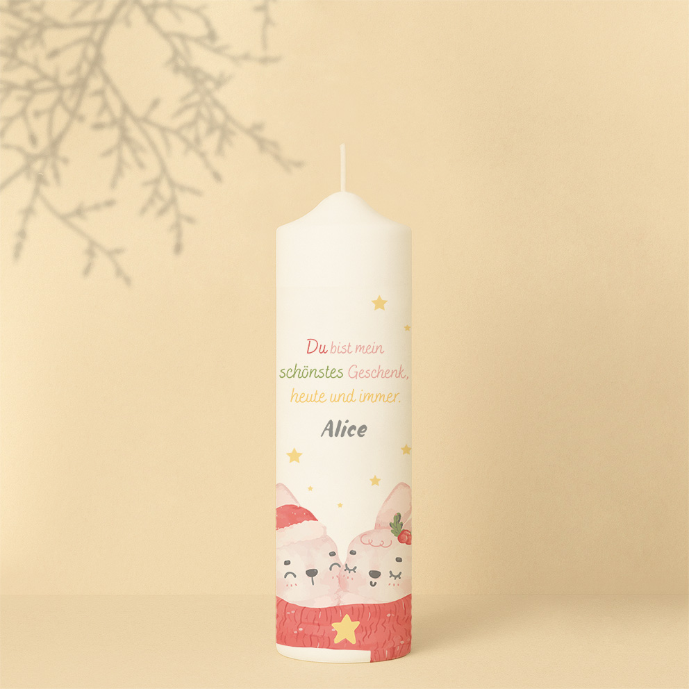 Personalisierte Weihnachtskerze mit Hasenmotiv in Rosa-Gold und Spruch „Du bist mein schönstes Geschenk“ – liebevolles Weihnachtsgeschenk.