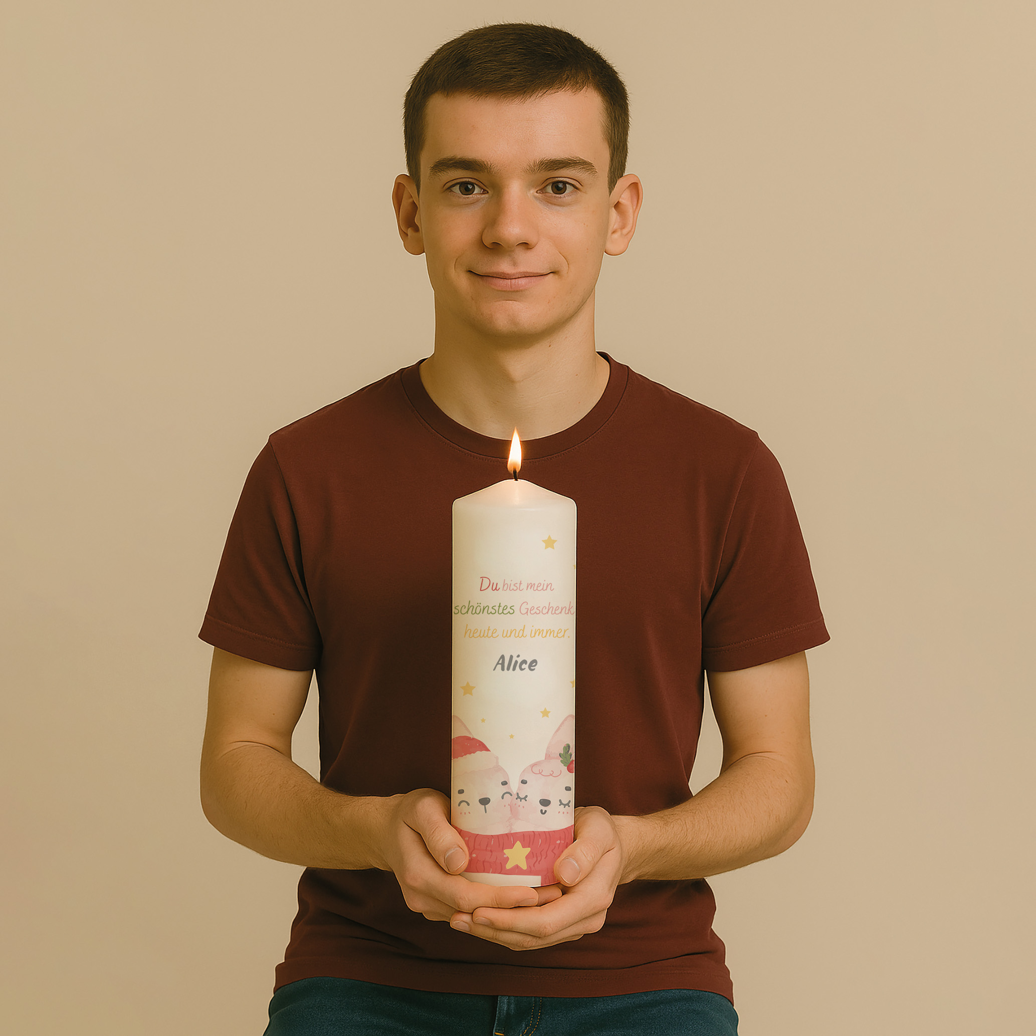 Personalisierte Weihnachtskerze mit Hasenmotiv in Rosa-Gold und Spruch „Du bist mein schönstes Geschenk“ – liebevolles Weihnachtsgeschenk.